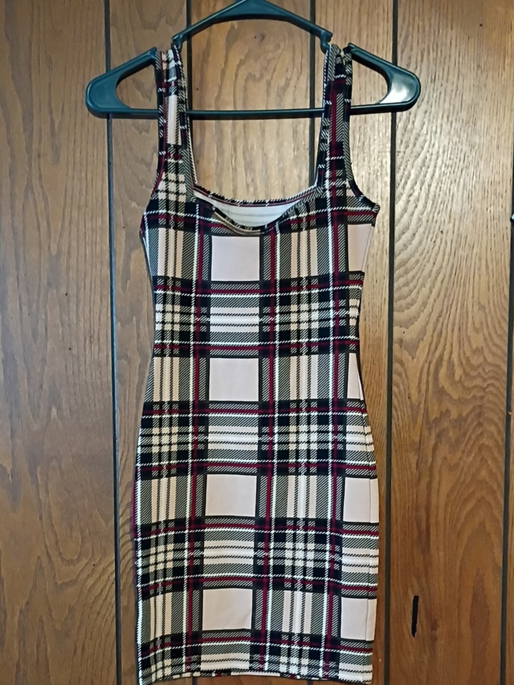 SHEIN Cream, Black and Red Plaid Tank Mini Dress